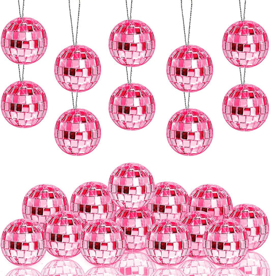 Pink Disco Ball 24 Pcs Hanging Mirror Disco Balls Pink Mini Disco Balls Ornaments Reflective Mirror Ball Cake Decoration with Rope Christmas Tree Wedding Dance Music Festivals Decor