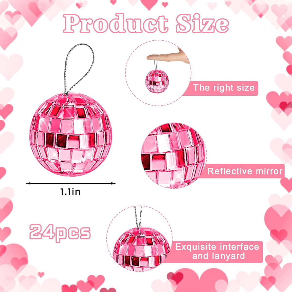 Pink Disco Ball 24 Pcs Hanging Mirror Disco Balls Pink Mini Disco Balls Ornaments Reflective Mirror Ball Cake Decoration with Rope Christmas Tree Wedding Dance Music Festivals Decor