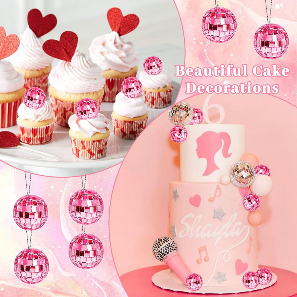 Pink Disco Ball 24 Pcs Hanging Mirror Disco Balls Pink Mini Disco Balls Ornaments Reflective Mirror Ball Cake Decoration with Rope Christmas Tree Wedding Dance Music Festivals Decor