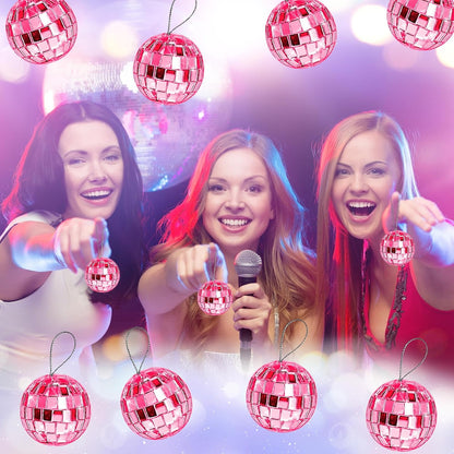 Pink Disco Ball 24 Pcs Hanging Mirror Disco Balls Pink Mini Disco Balls Ornaments Reflective Mirror Ball Cake Decoration with Rope Christmas Tree Wedding Dance Music Festivals Decor
