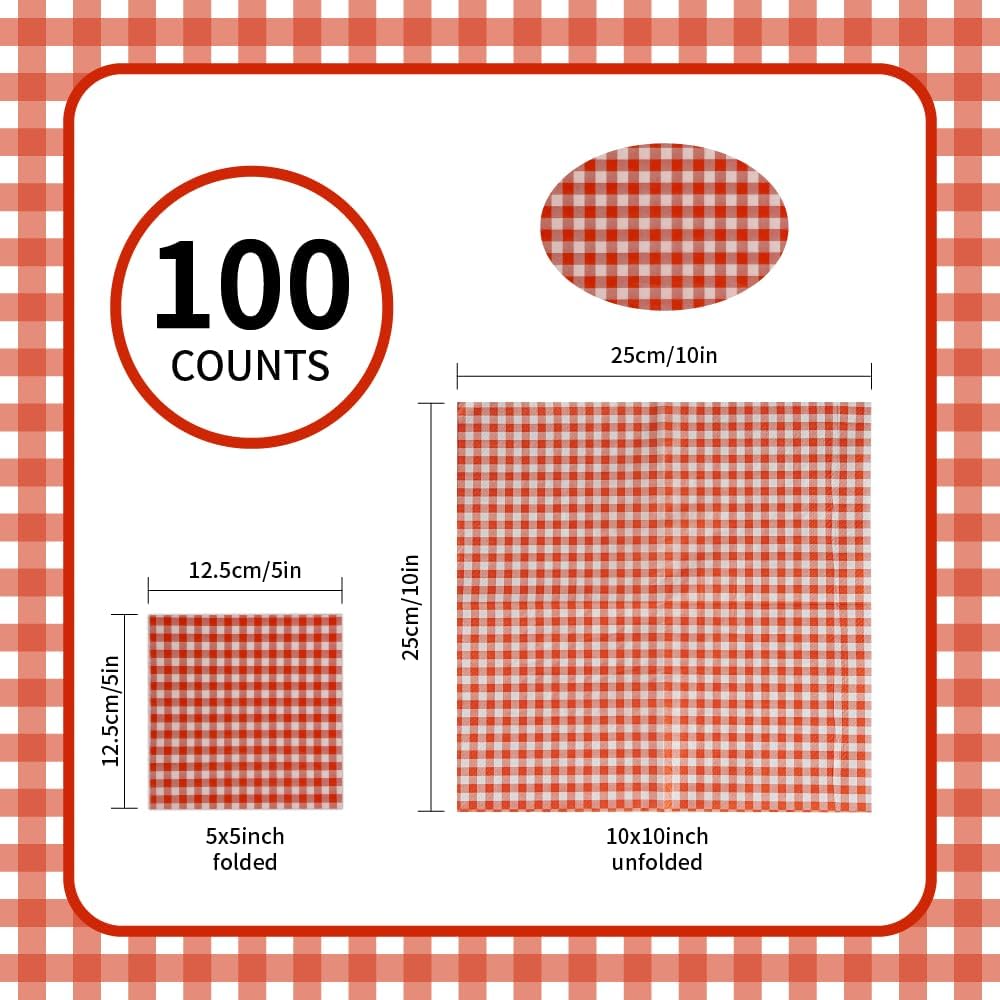 Ottin 100-Pack Disposable Orange Christmas Gingham Paper Napkins - 5x5 Inch Checkered Cocktail Napkins for Weddings, New Year, Parties, Picnics, Birthdays, BBQ, and Farm Themed Events (Bulk)