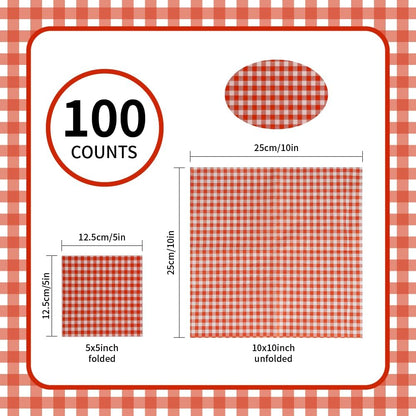 Ottin 100-Pack Disposable Orange Christmas Gingham Paper Napkins - 5x5 Inch Checkered Cocktail Napkins for Weddings, New Year, Parties, Picnics, Birthdays, BBQ, and Farm Themed Events (Bulk)