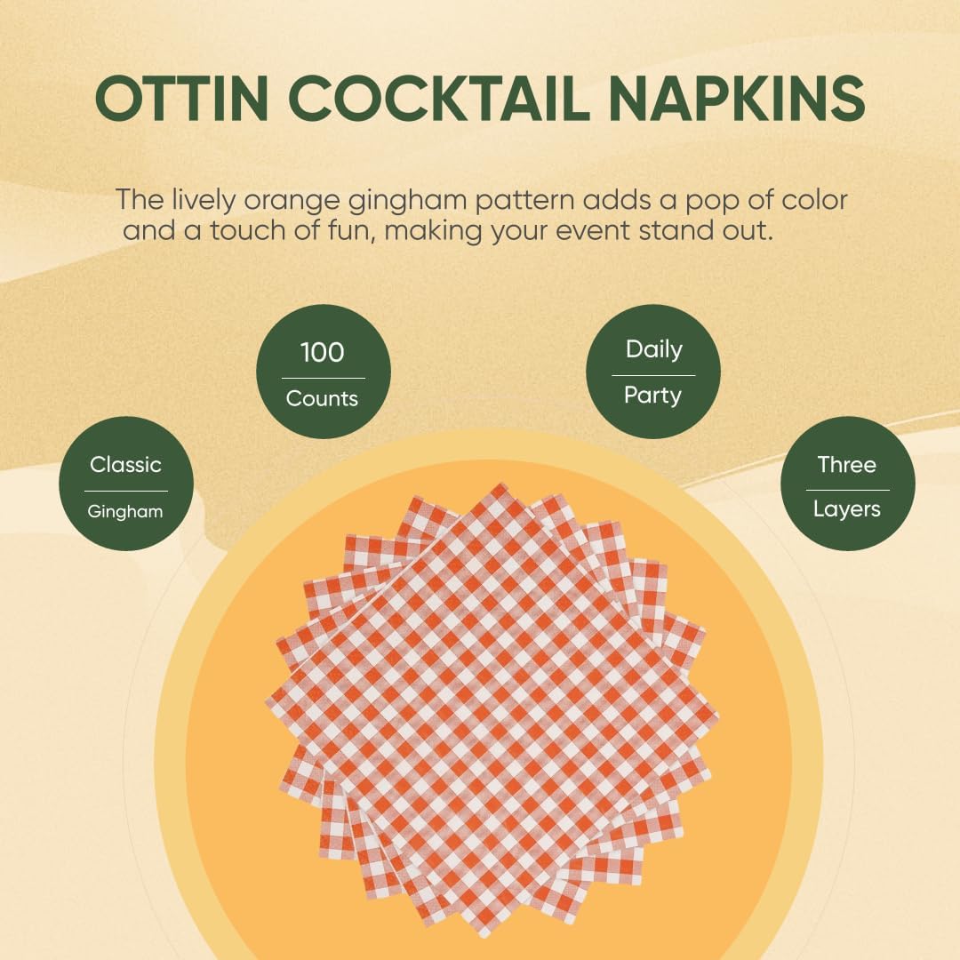 Ottin 100-Pack Disposable Orange Christmas Gingham Paper Napkins - 5x5 Inch Checkered Cocktail Napkins for Weddings, New Year, Parties, Picnics, Birthdays, BBQ, and Farm Themed Events (Bulk)