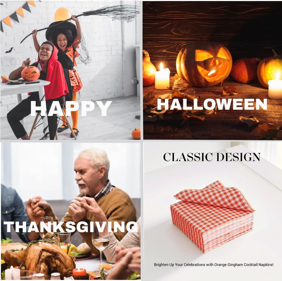 Ottin 100-Pack Disposable Orange Christmas Gingham Paper Napkins - 5x5 Inch Checkered Cocktail Napkins for Weddings, New Year, Parties, Picnics, Birthdays, BBQ, and Farm Themed Events (Bulk)