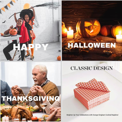 Ottin 100-Pack Disposable Orange Christmas Gingham Paper Napkins - 5x5 Inch Checkered Cocktail Napkins for Weddings, New Year, Parties, Picnics, Birthdays, BBQ, and Farm Themed Events (Bulk)