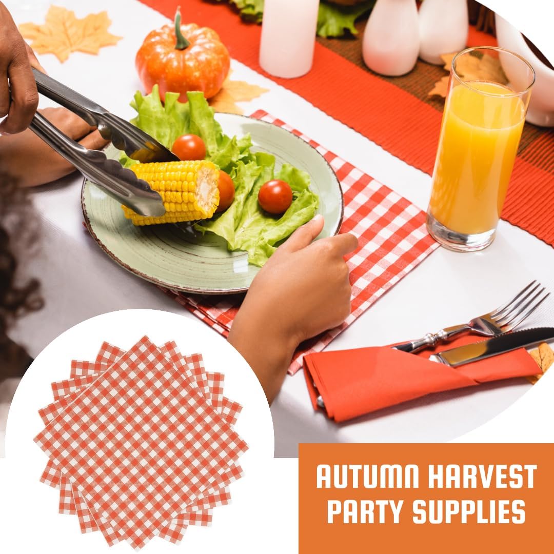 Ottin 100-Pack Disposable Orange Christmas Gingham Paper Napkins - 5x5 Inch Checkered Cocktail Napkins for Weddings, New Year, Parties, Picnics, Birthdays, BBQ, and Farm Themed Events (Bulk)