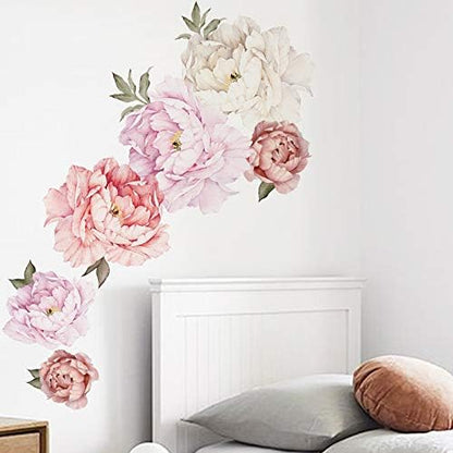 Large Floral Wall Sticker Set,Peonies Wall Decals,Pink White Flowers for Living Room Nursery Dining Space