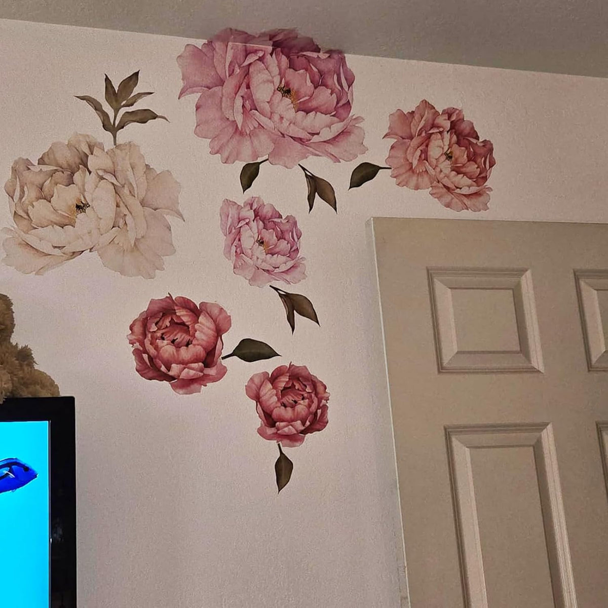 Large Floral Wall Sticker Set,Peonies Wall Decals,Pink White Flowers for Living Room Nursery Dining Space