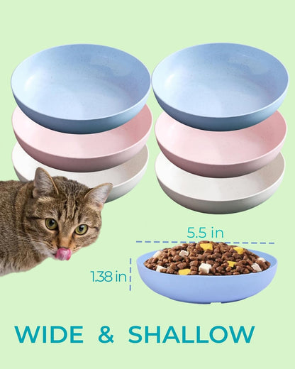 6-Pack Cat Food Bowl with Non-Slip Feet, Whisker Fatigue Cat Dishes for Food, Plastic Cats Bowls Set for Multi-Cats Homes, 5.5" Wide Shallow Relief Kitten Bowls BPA-Free, Dishwasher Safe