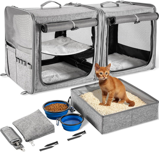 Large Cat Carrier for 2 Cats with Zipper Locks, Double Cat Carrier with Travel Litter Box, Soft Pet Travel Carrier for Cats and Small Dogs Up to 45 Lbs, Gray