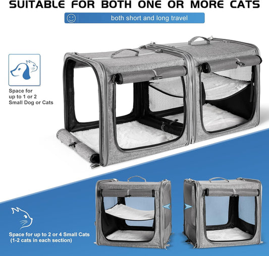 Large Cat Carrier for 2 Cats with Zipper Locks, Double Cat Carrier with Travel Litter Box, Soft Pet Travel Carrier for Cats and Small Dogs Up to 45 Lbs, Gray