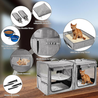 Large Cat Carrier for 2 Cats with Zipper Locks, Double Cat Carrier with Travel Litter Box, Soft Pet Travel Carrier for Cats and Small Dogs Up to 45 Lbs, Gray