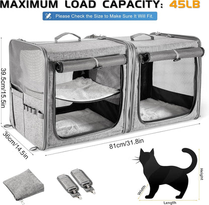 Large Cat Carrier for 2 Cats with Zipper Locks, Double Cat Carrier with Travel Litter Box, Soft Pet Travel Carrier for Cats and Small Dogs Up to 45 Lbs, Gray