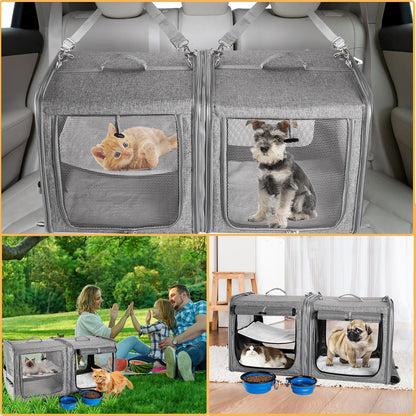 Large Cat Carrier for 2 Cats with Zipper Locks, Double Cat Carrier with Travel Litter Box, Soft Pet Travel Carrier for Cats and Small Dogs Up to 45 Lbs, Gray