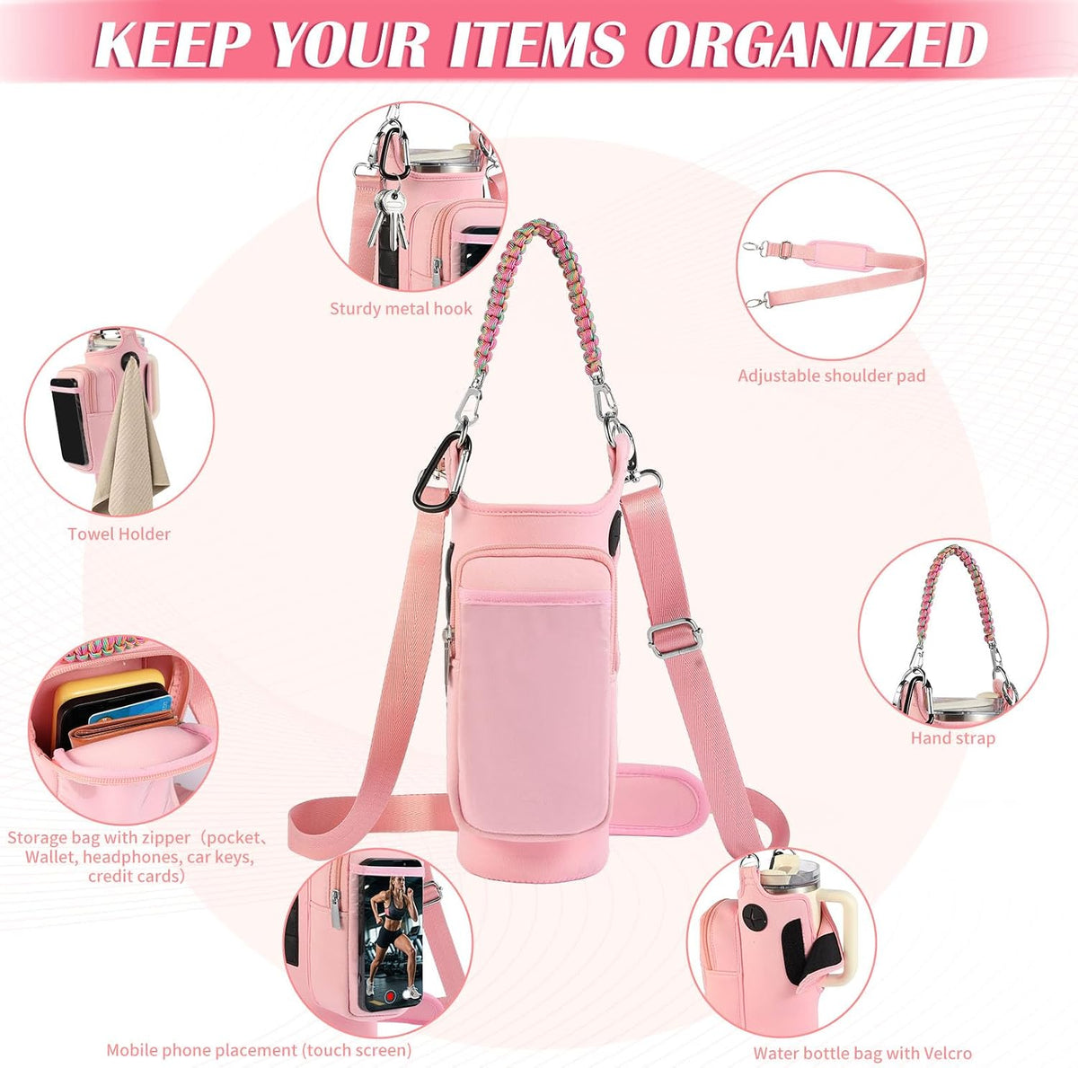 Magnetic Gym Bag for Men Women, Water Bottle Carrier Holder with Strap for Stanley, Small Bag Accessories pouch with N52