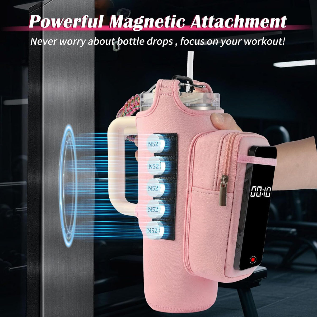 Magnetic Gym Bag for Men Women, Water Bottle Carrier Holder with Strap for Stanley, Small Bag Accessories pouch with N52