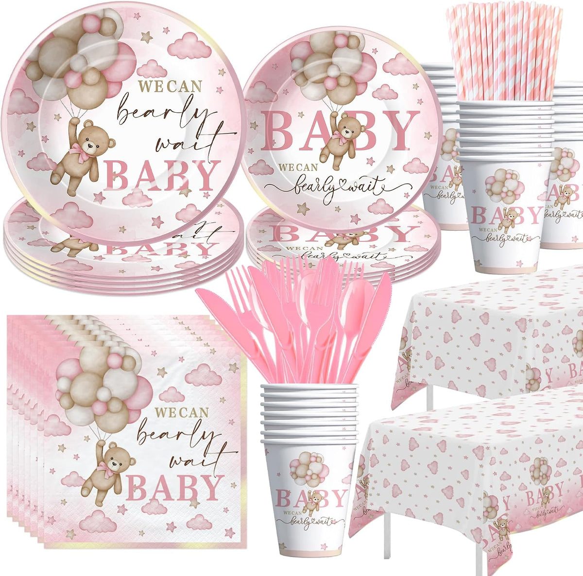 Pink Bear Baby Shower Decorations Tableware Girls - Bear We Can Bearly Wait Baby Shower Decorations Party Supplies, Paper Plate, Cup, Napkin, Tablecloth, Disposable Cutlery, Serves 24