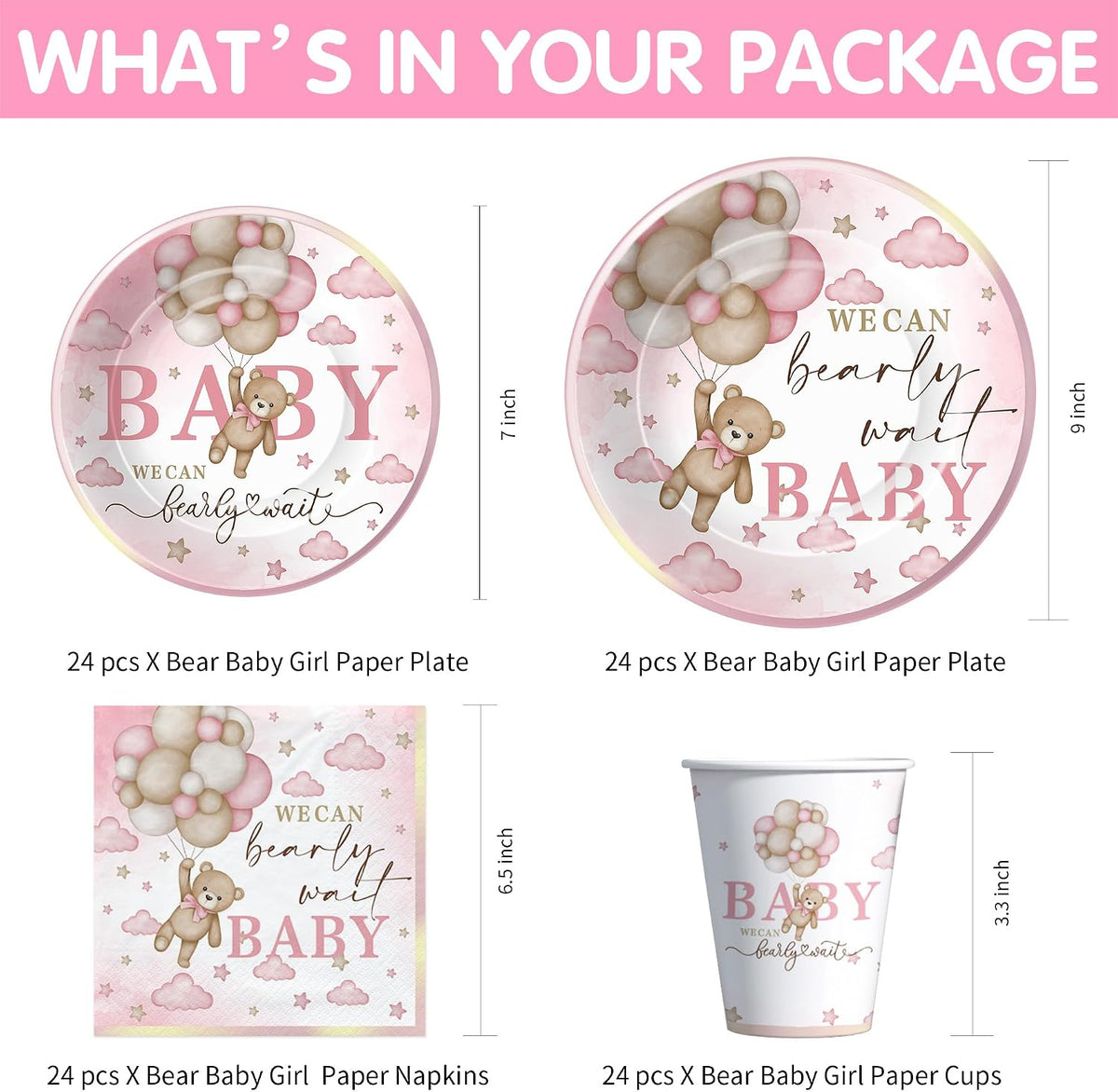 Pink Bear Baby Shower Decorations Tableware Girls - Bear We Can Bearly Wait Baby Shower Decorations Party Supplies, Paper Plate, Cup, Napkin, Tablecloth, Disposable Cutlery, Serves 24