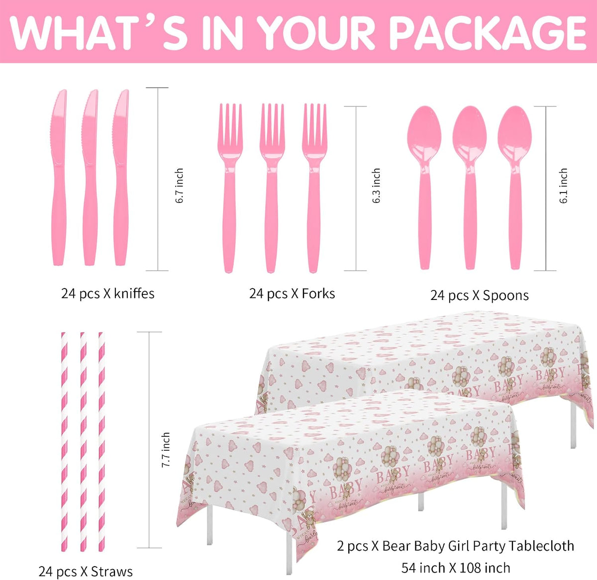 Pink Bear Baby Shower Decorations Tableware Girls - Bear We Can Bearly Wait Baby Shower Decorations Party Supplies, Paper Plate, Cup, Napkin, Tablecloth, Disposable Cutlery, Serves 24