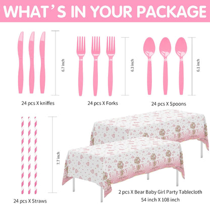 Pink Bear Baby Shower Decorations Tableware Girls - Bear We Can Bearly Wait Baby Shower Decorations Party Supplies, Paper Plate, Cup, Napkin, Tablecloth, Disposable Cutlery, Serves 24