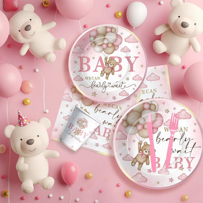 Pink Bear Baby Shower Decorations Tableware Girls - Bear We Can Bearly Wait Baby Shower Decorations Party Supplies, Paper Plate, Cup, Napkin, Tablecloth, Disposable Cutlery, Serves 24