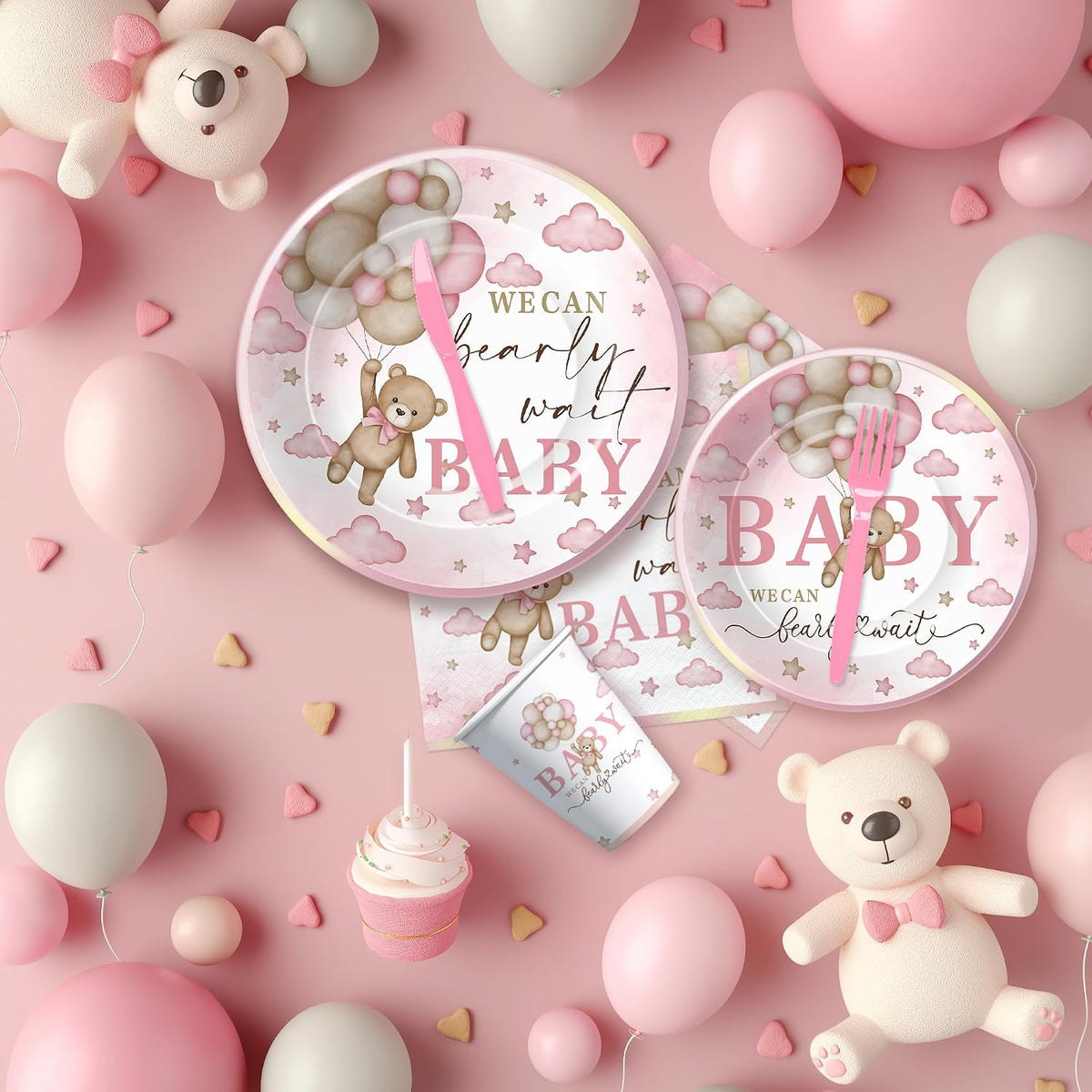 Pink Bear Baby Shower Decorations Tableware Girls - Bear We Can Bearly Wait Baby Shower Decorations Party Supplies, Paper Plate, Cup, Napkin, Tablecloth, Disposable Cutlery, Serves 24