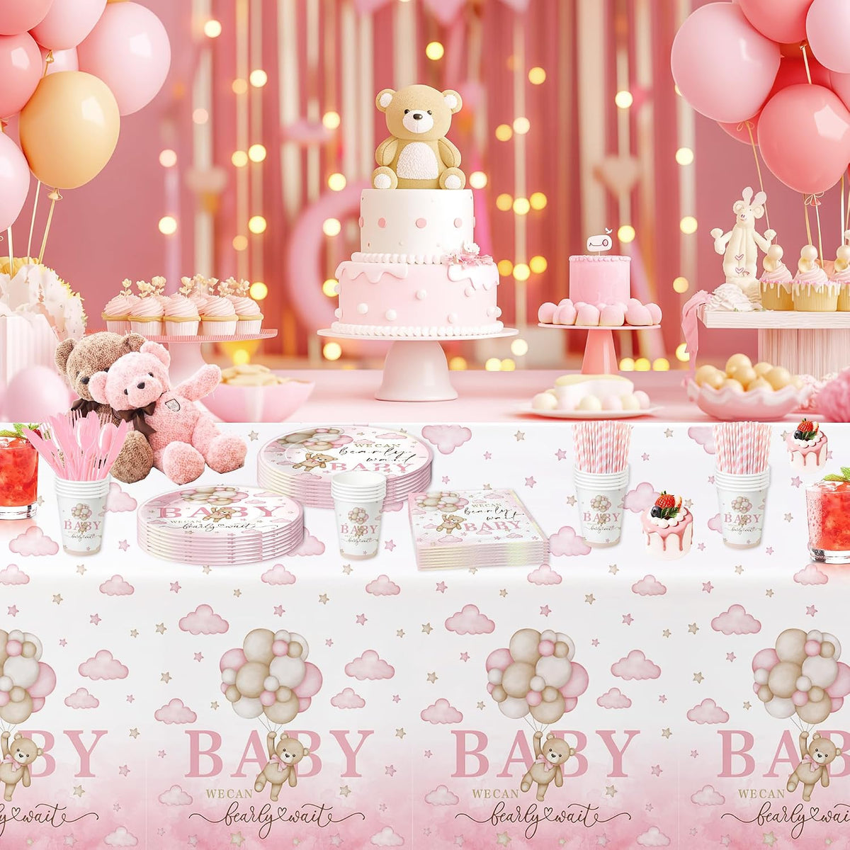 Pink Bear Baby Shower Decorations Tableware Girls - Bear We Can Bearly Wait Baby Shower Decorations Party Supplies, Paper Plate, Cup, Napkin, Tablecloth, Disposable Cutlery, Serves 24