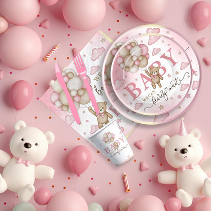 Pink Bear Baby Shower Decorations Tableware Girls - Bear We Can Bearly Wait Baby Shower Decorations Party Supplies, Paper Plate, Cup, Napkin, Tablecloth, Disposable Cutlery, Serves 24