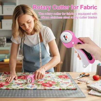 Rotary Cutter for Fabric, 45mm Rotary Cutters Kit with Extra 10 Blades, Ergonomic Rolling Cutter with Safety Lock, Suitable for Leather, Crafting, Sewing, and Quilting Fabric (Pink)