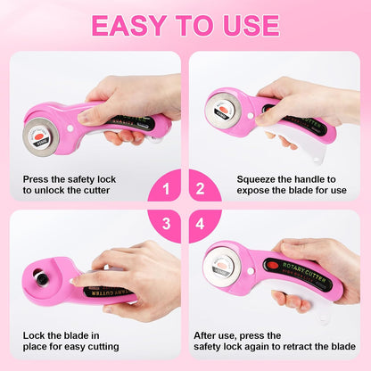 Rotary Cutter for Fabric, 45mm Rotary Cutters Kit with Extra 10 Blades, Ergonomic Rolling Cutter with Safety Lock, Suitable for Leather, Crafting, Sewing, and Quilting Fabric (Pink)