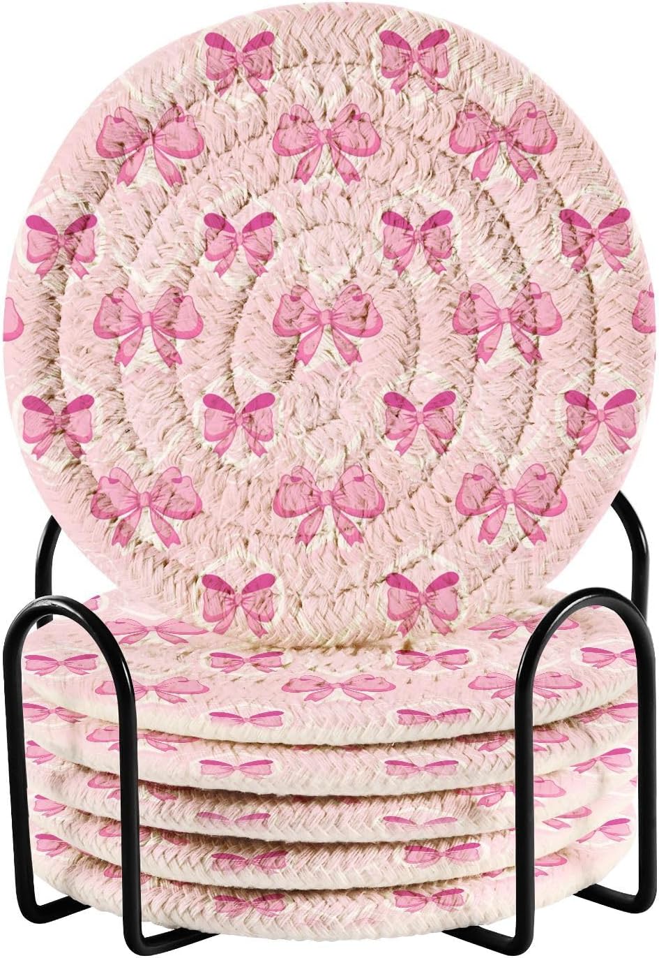 Light Pink Bows 6 Pcs Cotton Woven Coasters with Holder - 3.9 Inch Absorbent Drink Coasters for Coffee Table