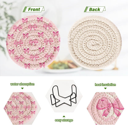 Light Pink Bows 6 Pcs Cotton Woven Coasters with Holder - 3.9 Inch Absorbent Drink Coasters for Coffee Table