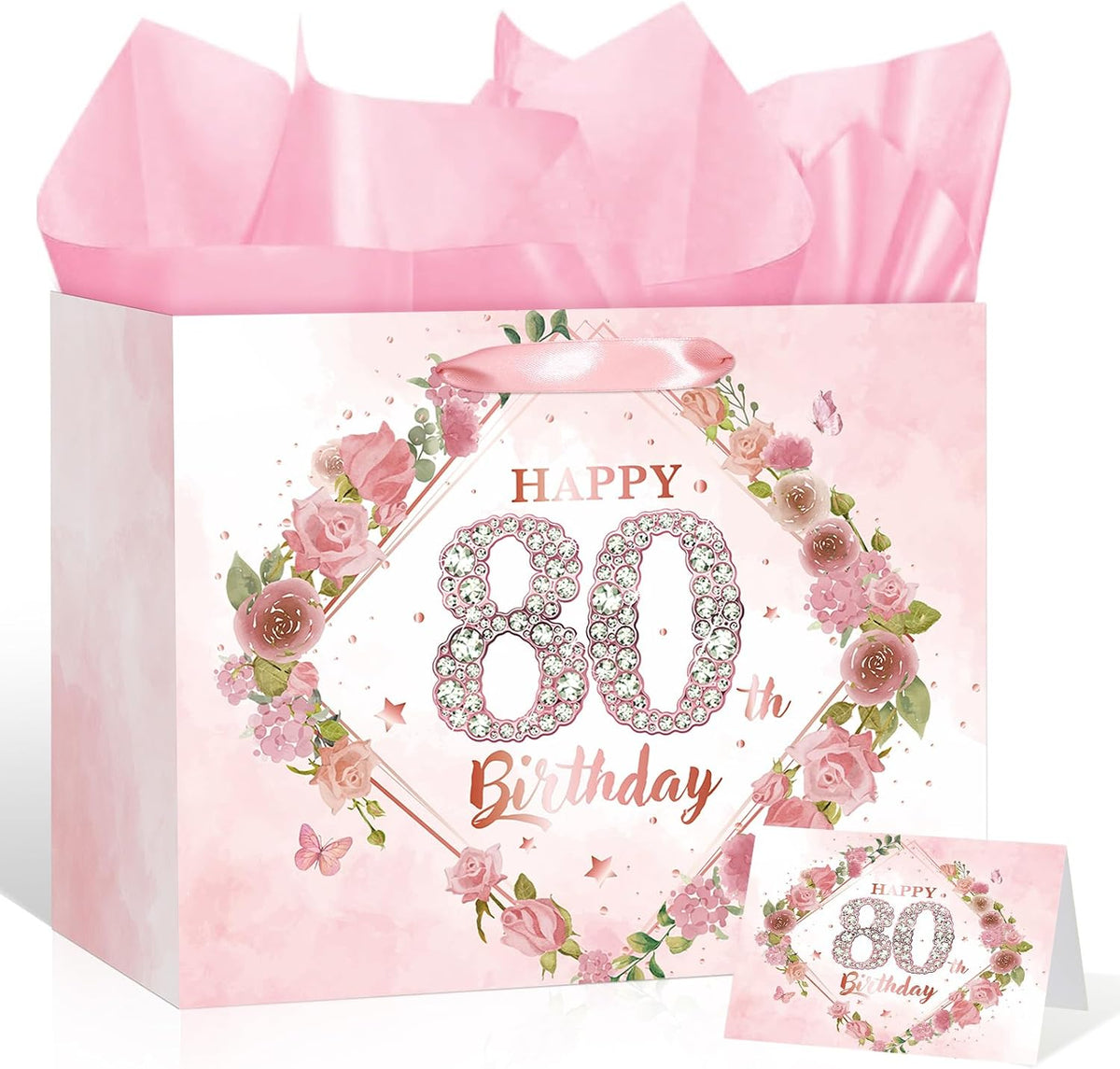 Happy 80th Birthday Gift Bag Decorations for Women Pink 80th Birthday Wrapping Paper Bag with Tissue Paper Card Floral 80 Year Old Party Favor Wrap Bags for Her Mom Wife 80 & Fabulous Bday Supplies
