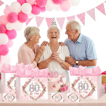 Happy 80th Birthday Gift Bag Decorations for Women Pink 80th Birthday Wrapping Paper Bag with Tissue Paper Card Floral 80 Year Old Party Favor Wrap Bags for Her Mom Wife 80 & Fabulous Bday Supplies