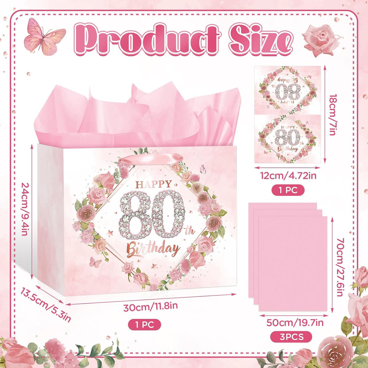 Happy 80th Birthday Gift Bag Decorations for Women Pink 80th Birthday Wrapping Paper Bag with Tissue Paper Card Floral 80 Year Old Party Favor Wrap Bags for Her Mom Wife 80 & Fabulous Bday Supplies
