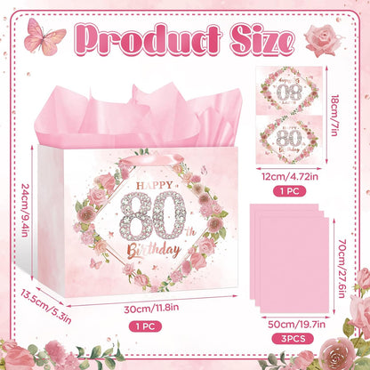 Happy 80th Birthday Gift Bag Decorations for Women Pink 80th Birthday Wrapping Paper Bag with Tissue Paper Card Floral 80 Year Old Party Favor Wrap Bags for Her Mom Wife 80 & Fabulous Bday Supplies