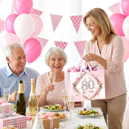 Happy 80th Birthday Gift Bag Decorations for Women Pink 80th Birthday Wrapping Paper Bag with Tissue Paper Card Floral 80 Year Old Party Favor Wrap Bags for Her Mom Wife 80 & Fabulous Bday Supplies
