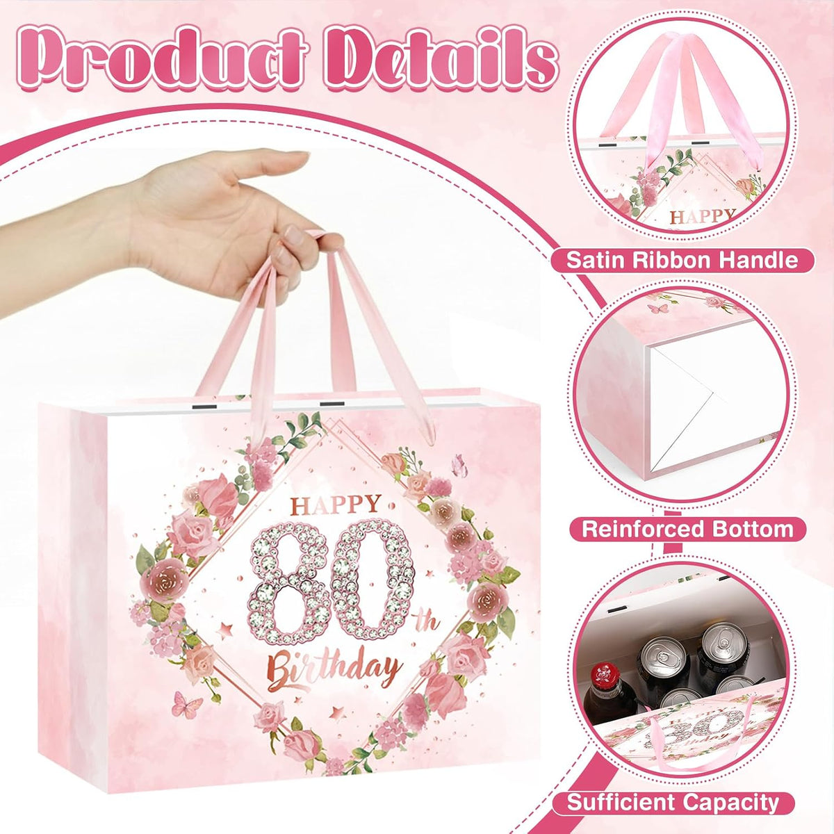 Happy 80th Birthday Gift Bag Decorations for Women Pink 80th Birthday Wrapping Paper Bag with Tissue Paper Card Floral 80 Year Old Party Favor Wrap Bags for Her Mom Wife 80 & Fabulous Bday Supplies
