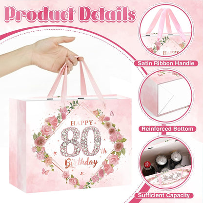 Happy 80th Birthday Gift Bag Decorations for Women Pink 80th Birthday Wrapping Paper Bag with Tissue Paper Card Floral 80 Year Old Party Favor Wrap Bags for Her Mom Wife 80 & Fabulous Bday Supplies
