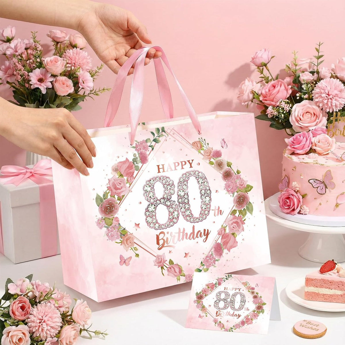 Happy 80th Birthday Gift Bag Decorations for Women Pink 80th Birthday Wrapping Paper Bag with Tissue Paper Card Floral 80 Year Old Party Favor Wrap Bags for Her Mom Wife 80 & Fabulous Bday Supplies