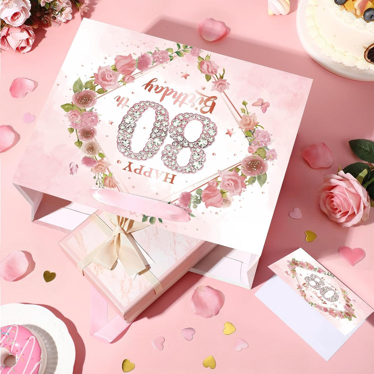 Happy 80th Birthday Gift Bag Decorations for Women Pink 80th Birthday Wrapping Paper Bag with Tissue Paper Card Floral 80 Year Old Party Favor Wrap Bags for Her Mom Wife 80 & Fabulous Bday Supplies