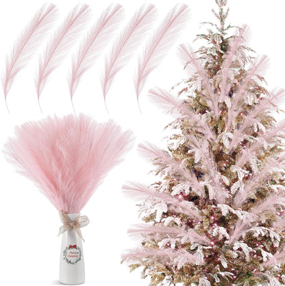 Cinnvoice 50 Pcs Christmas Pampas Grass Faux Boho Tree Topper Decor, Pink