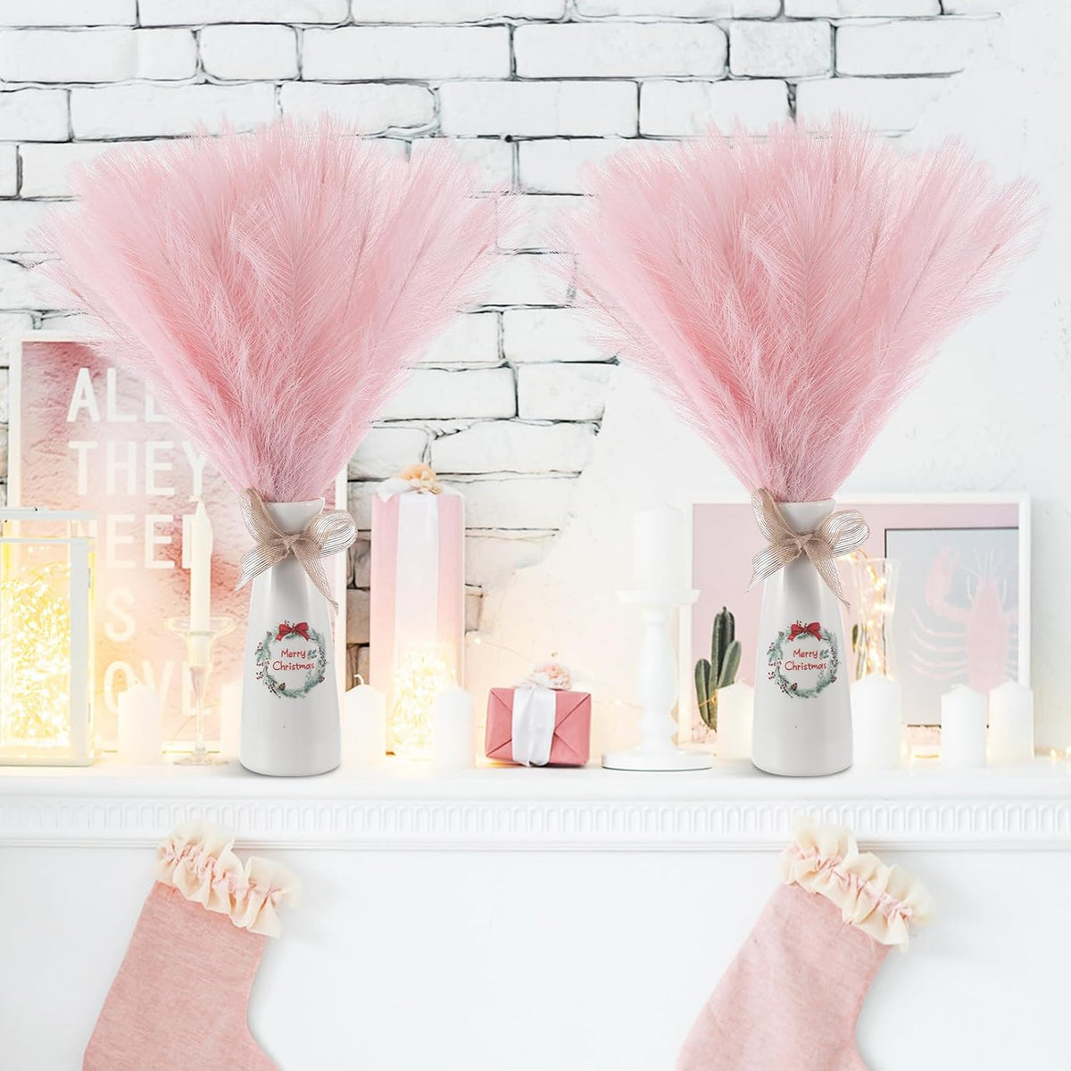 Cinnvoice 50 Pcs Christmas Pampas Grass Faux Boho Tree Topper Decor, Pink