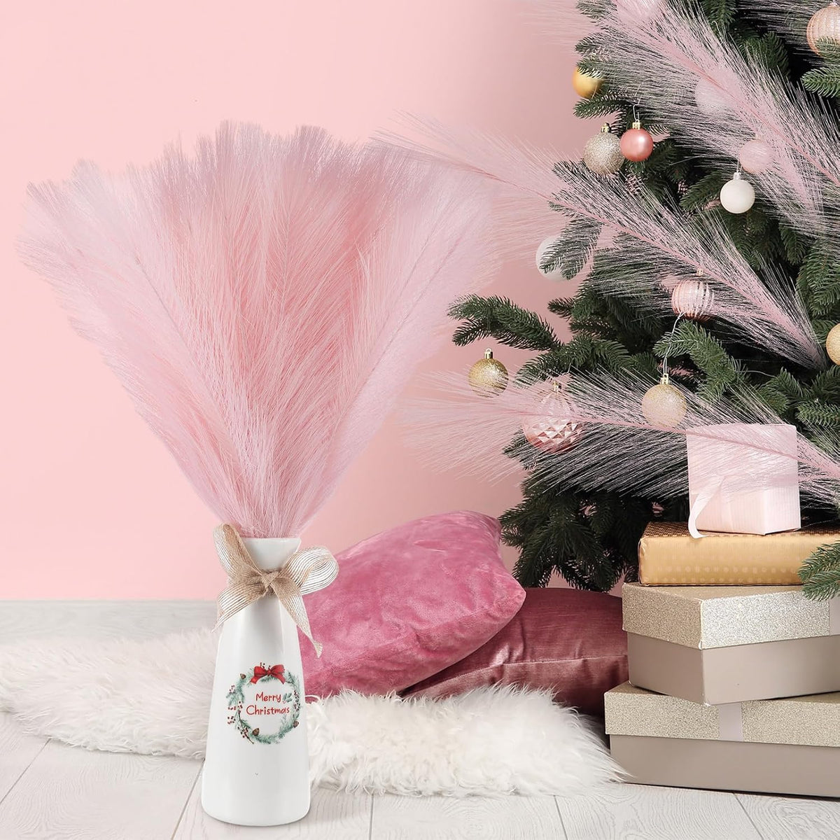 Cinnvoice 50 Pcs Christmas Pampas Grass Faux Boho Tree Topper Decor, Pink