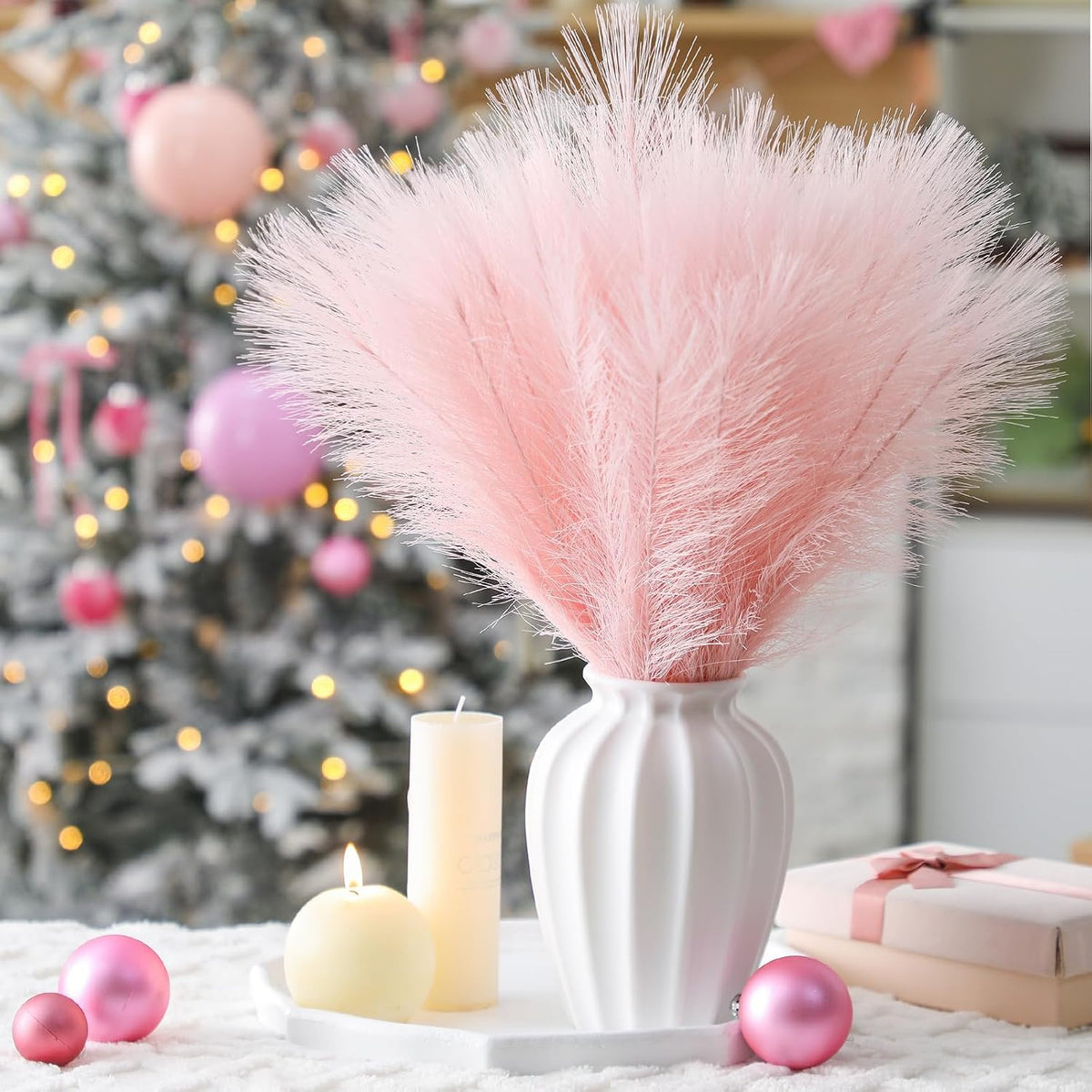 Cinnvoice 50 Pcs Christmas Pampas Grass Faux Boho Tree Topper Decor, Pink
