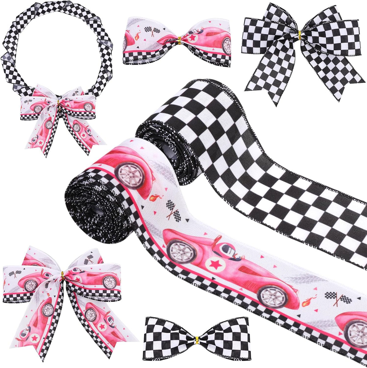 2 Rolls Pink Race Car Print Wired Ribbons 10 Yards