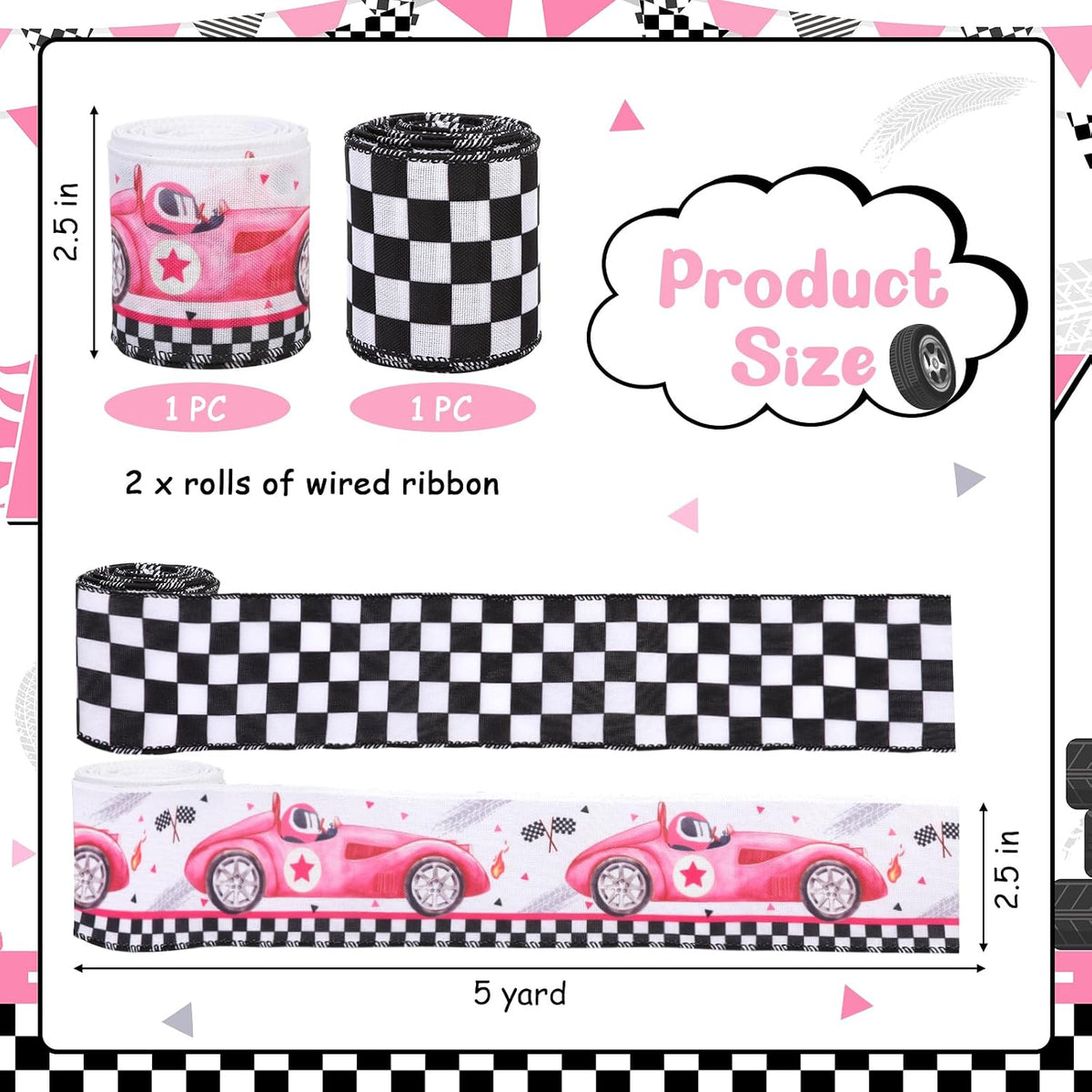 2 Rolls Pink Race Car Print Wired Ribbons 10 Yards
