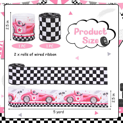 2 Rolls Pink Race Car Print Wired Ribbons 10 Yards
