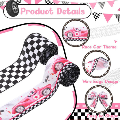 2 Rolls Pink Race Car Print Wired Ribbons 10 Yards