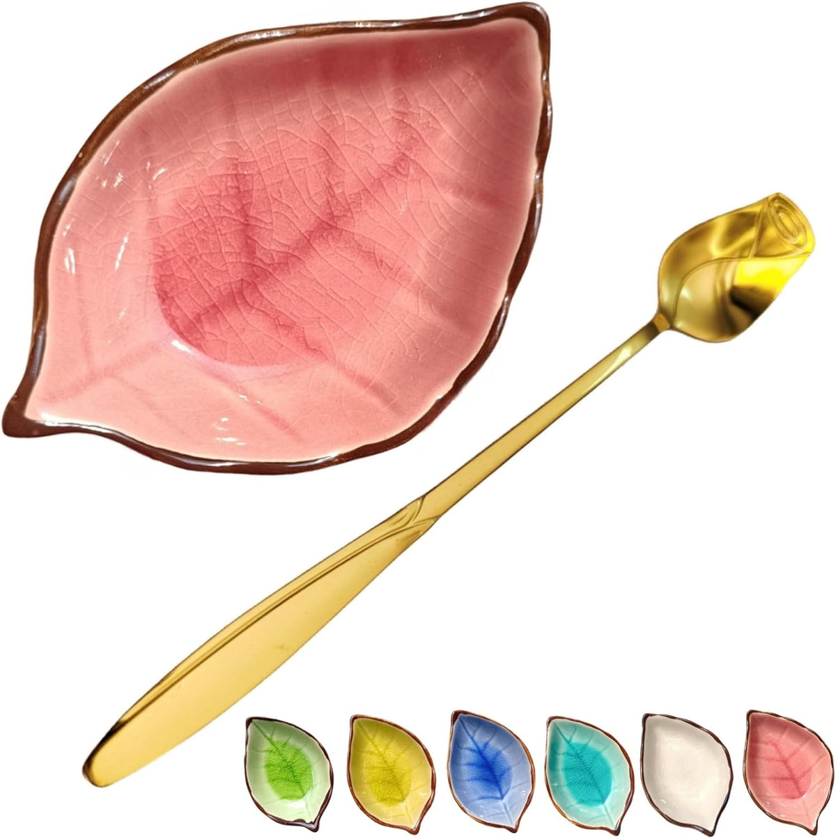 Coffee Spoon and Rest for Coffee Bar Accessories, Small Spoon Rest for Coffee Bar & Station, Tea Spoon Rest & Holder for Teaspoon Rest, 1 PC (Crackle Glaze Pink with Leaf Gold Rose Spoon)